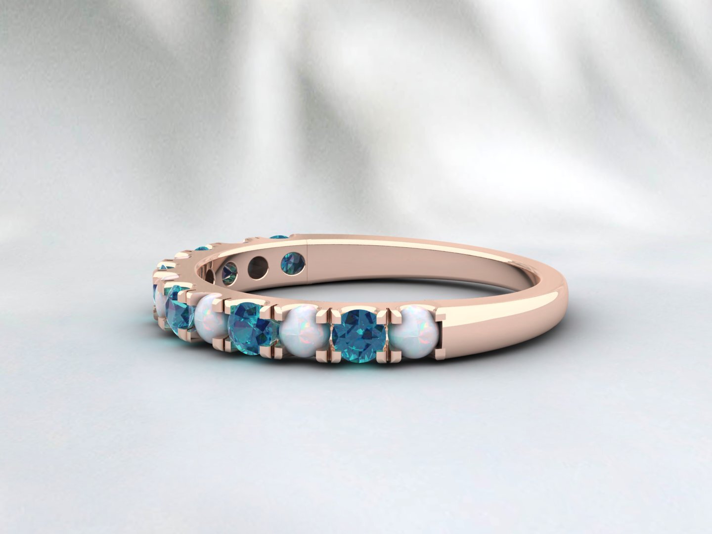 Natural Round Opal And London Blue Topaz Half Eternity Band Fine Silver Band