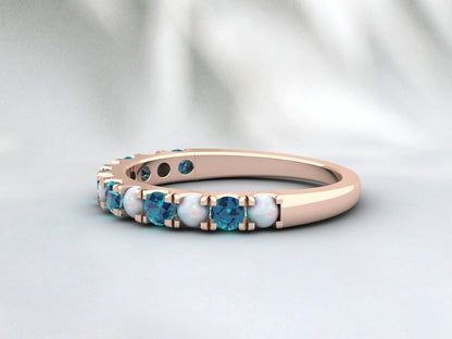 Natural Round Opal And London Blue Topaz Half Eternity Band Fine Silver Band