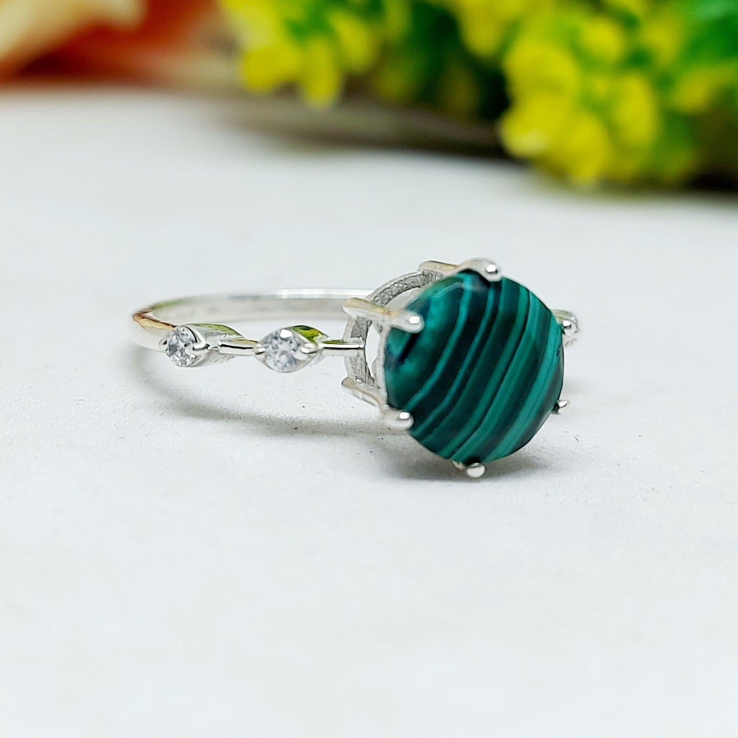 Natural Hexagon Malachite Ring 925 Sterling Silver Engagement Women's Jewelry