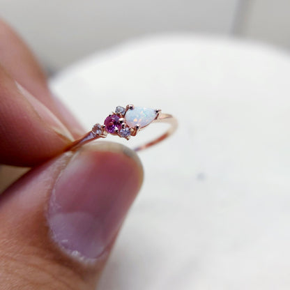 Pear Cut Opal and Pink Tourmaline Ring Gemstone Engagement Silver Ring Us5~ 15