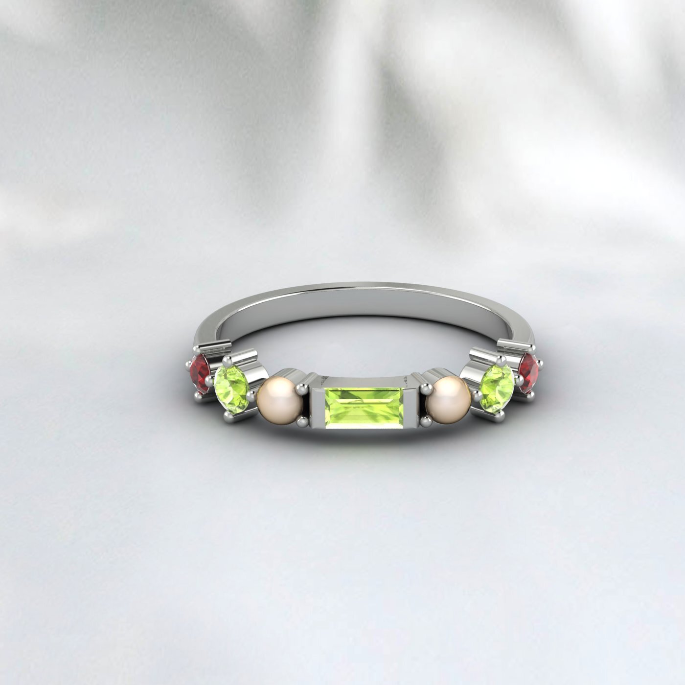 Natural Peridot, Pearl And Garnet Wedding Anniversary Ring 925 Sterling Silver