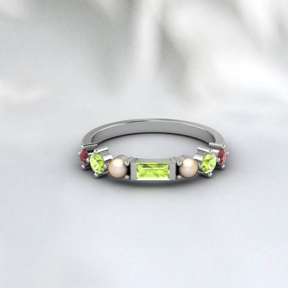 Natural Peridot, Pearl And Garnet Wedding Anniversary Ring 925 Sterling Silver