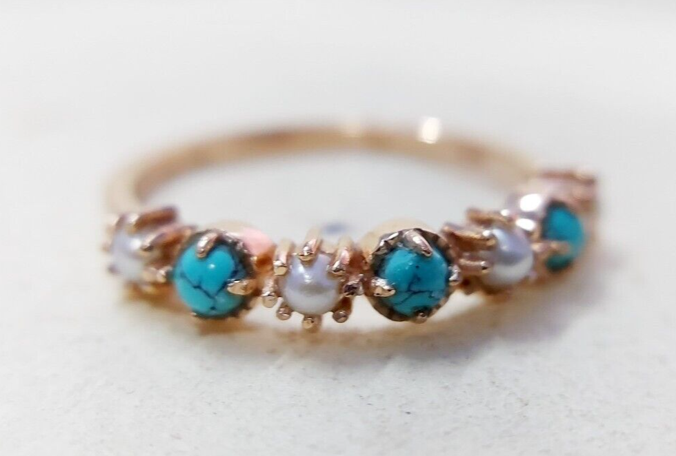 Turquoise Pearl Half Band Gemstone Wedding Engagement Ring For Women Gift Us5~15