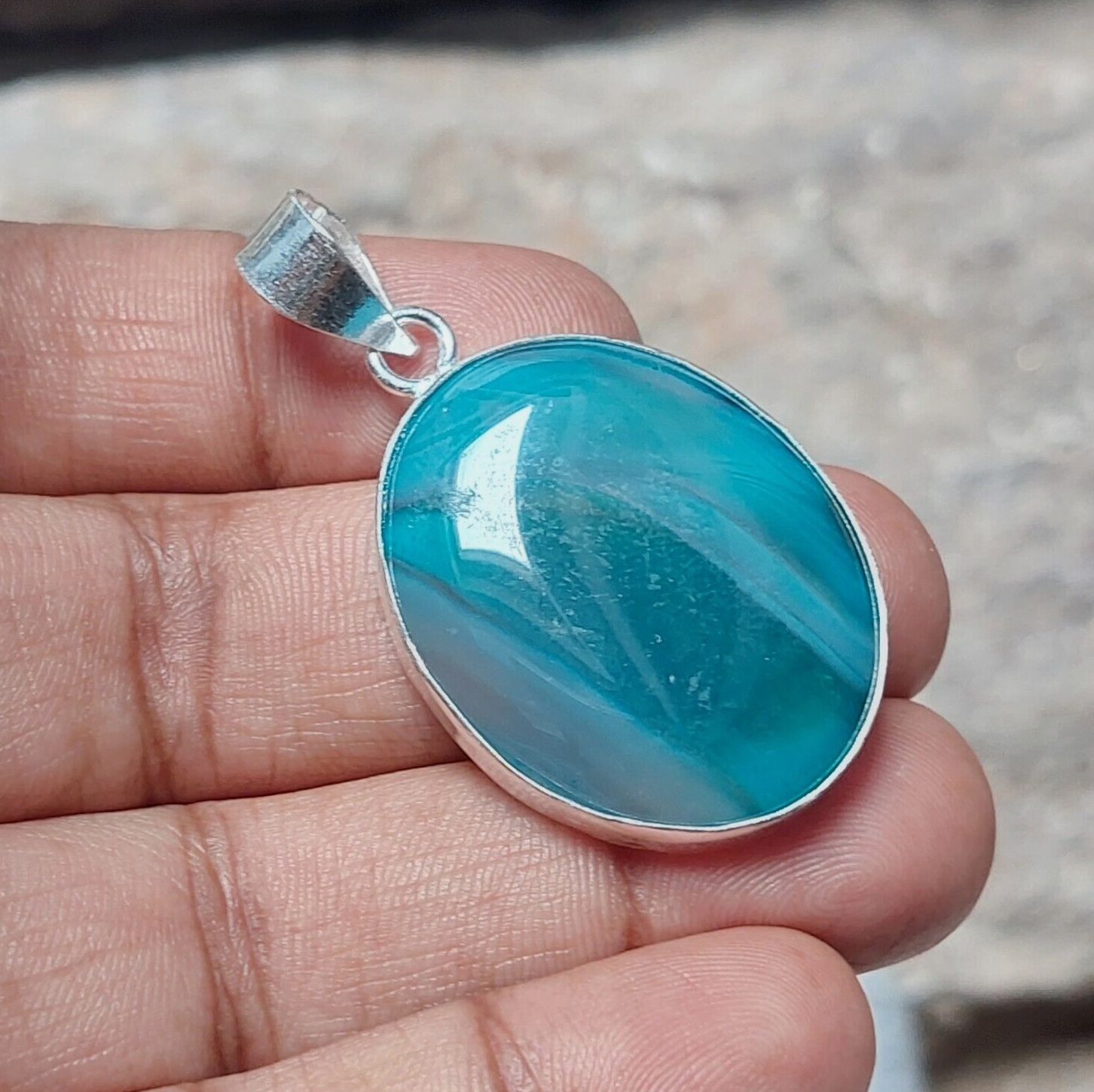 Oval Natural Green Banded Agate Gemstone 925 Silver Bezel Pendant Gift For Her