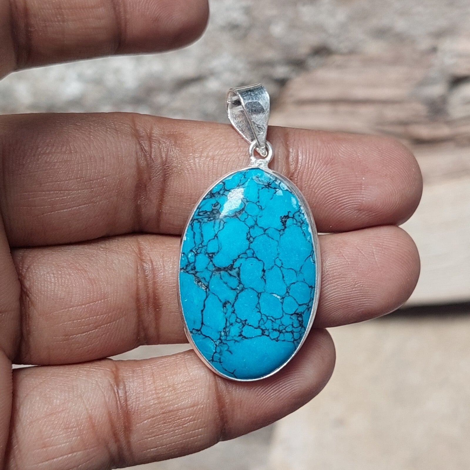 Oval Natural Blue Turquoise Pendant 925 Sterling Silver Handmade Pendant Gift