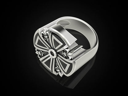 Silver Cross Ring Heraldic Lily Gothic Enamel US 5-15 Unisex Jewelry Women Men