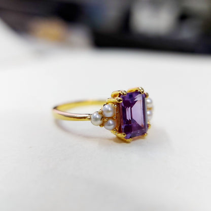 Emerald Cut Amethyst Pearl Ring 925 Silver Handmade Engagement Women Ring US5~15