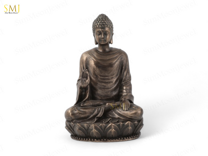 Copper Finish Sitting Buddha Figurine on Lotus Base Decorative Showpiece Gift
