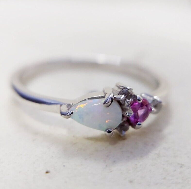 Opal Pink Tourmaline Wedding Band Silver Engagement Wedding Women Ring US5~15