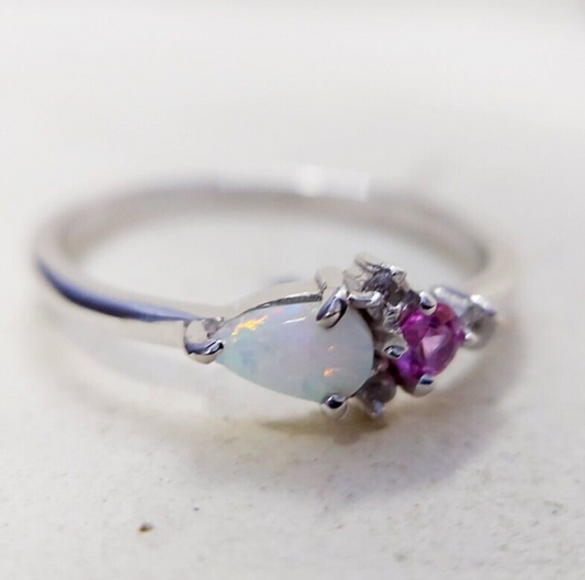 Opal Pink Tourmaline Wedding Band Silver Engagement Wedding Women Ring US5~15