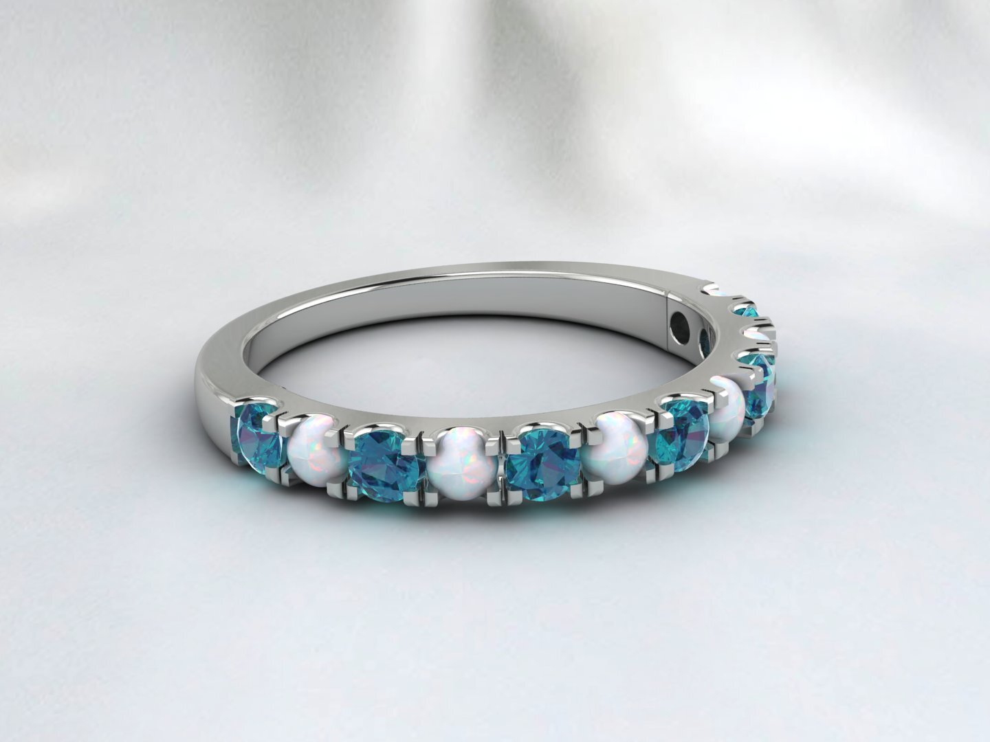 Natural Round Opal And London Blue Topaz Half Eternity Band Fine Silver Band