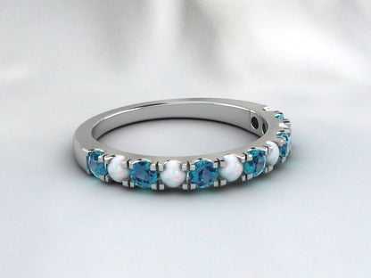 Natural Round Opal And London Blue Topaz Half Eternity Band Fine Silver Band