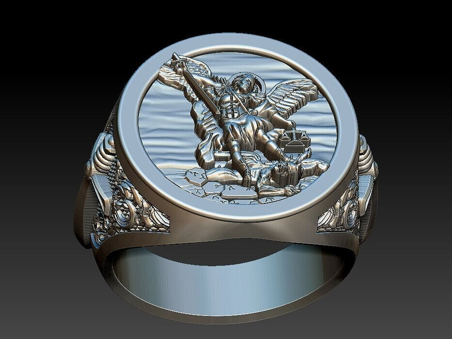 St Michael Sword Ring 925 Sterling Silver Archangel Signet Style Men Ring US5–15