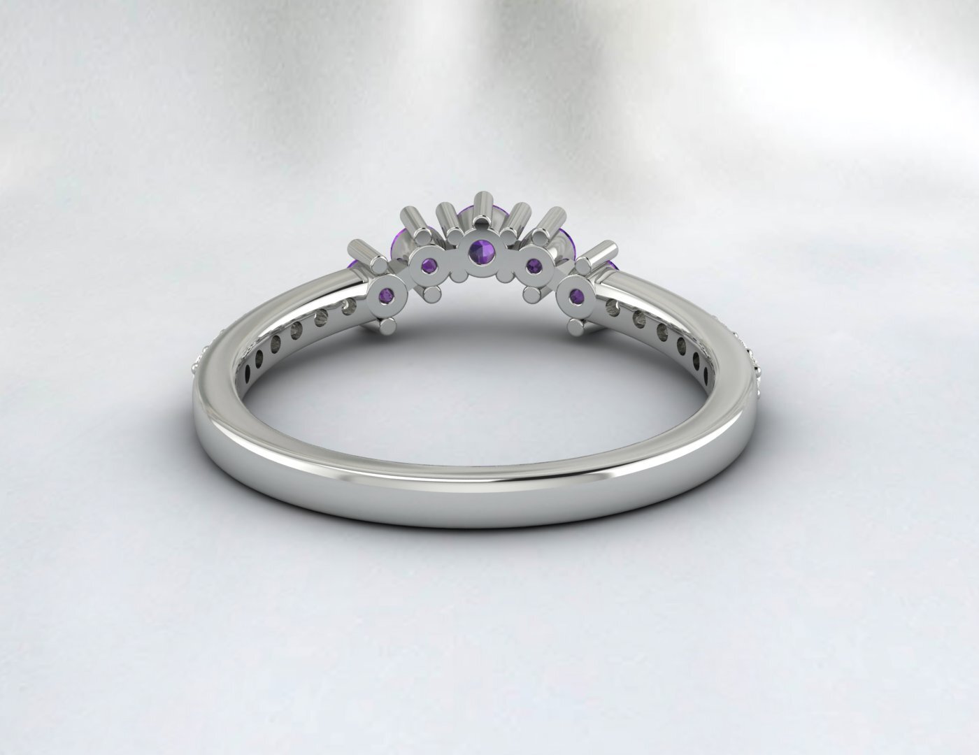Natural Amethyst Curved Wedding Band Half Eternity Fine Silver 5 Gemstone
