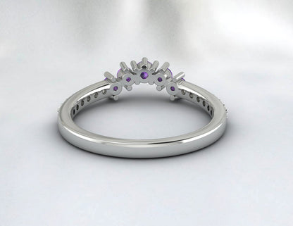 Natural Amethyst Curved Wedding Band Half Eternity Fine Silver 5 Gemstone