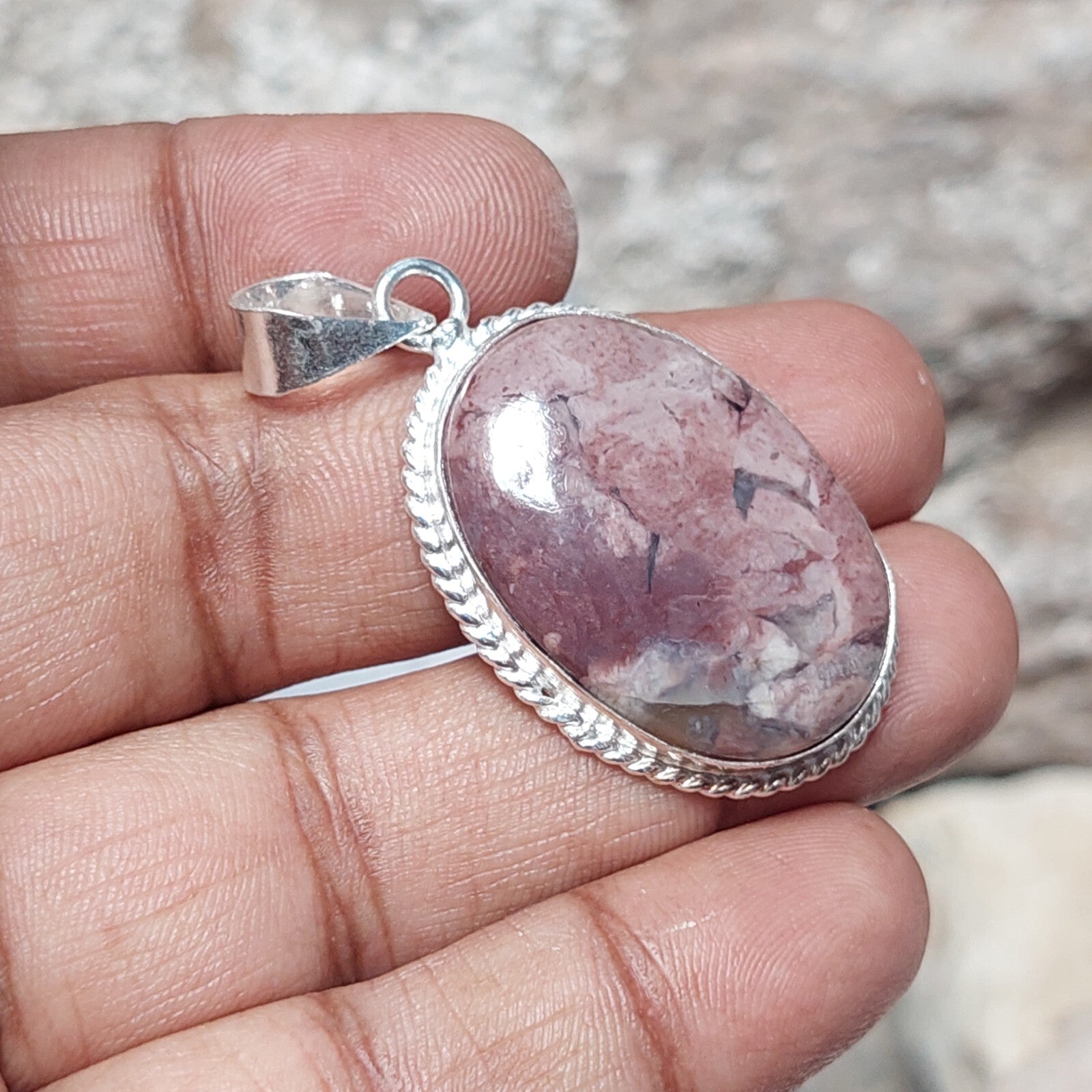 Oval Rhodochrosite Statement Pendant 925 Sterling Silver Handmade Pendant Gift