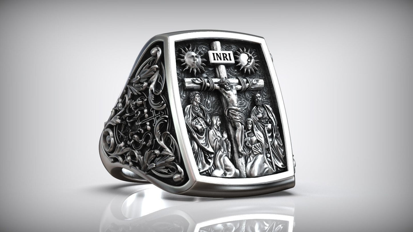 Silver Jesus Christ Crucifix Cross Mary Saints Christian Women Men Ring US5~15