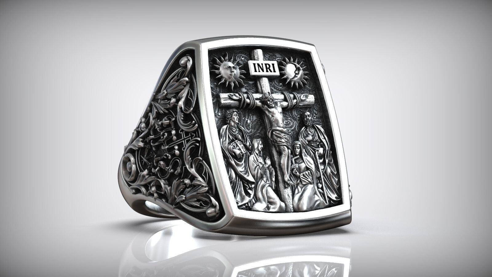 Silver Jesus Christ Crucifix Cross Mary Saints Christian Women Men Ring US5~15