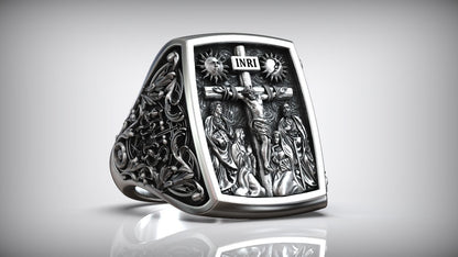 Silver Jesus Christ Crucifix Cross Mary Saints Christian Women Men Ring US5~15