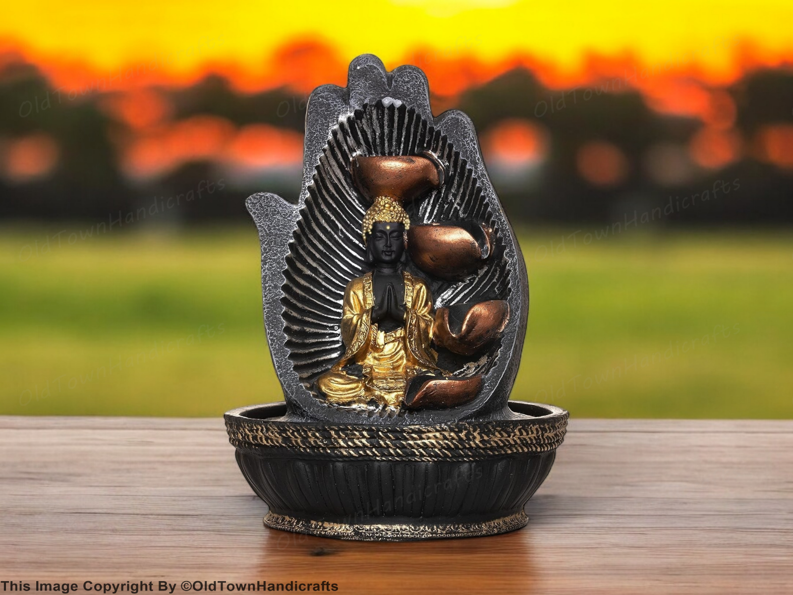 Polystone Gold Palm Buddha Water Fountain with LED Lights Home Decor Gift