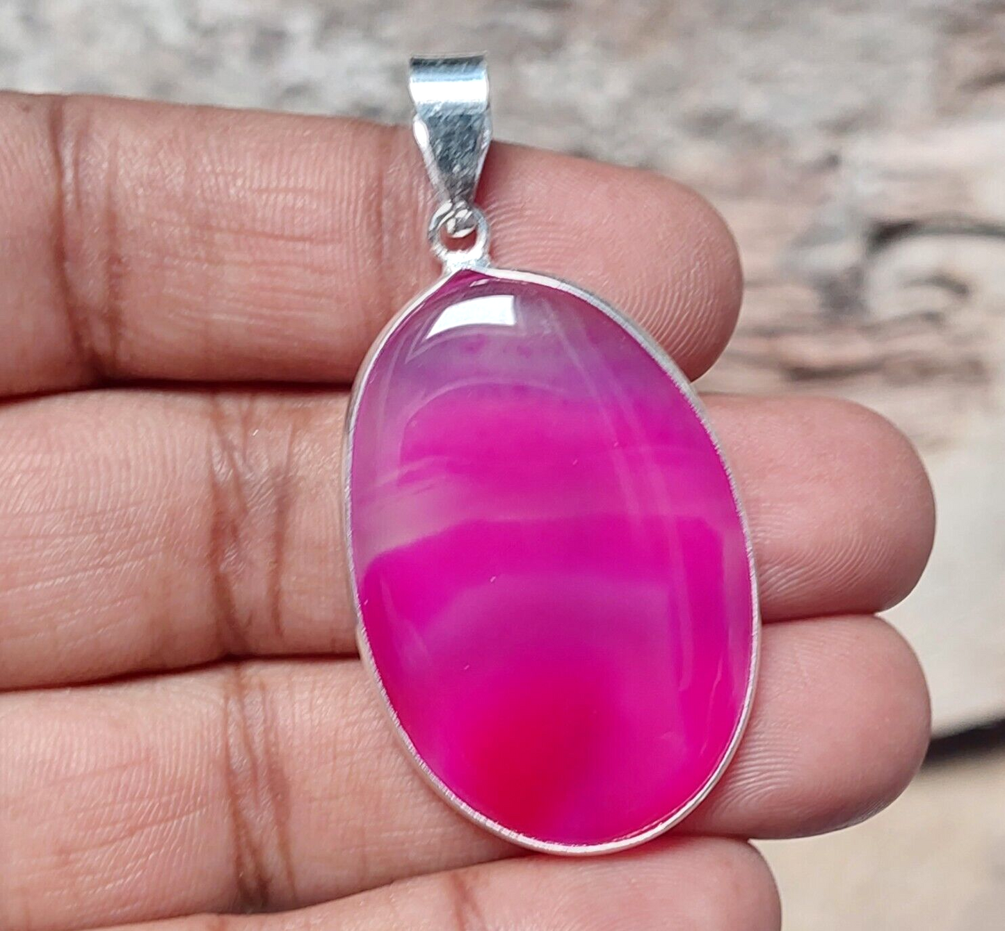Pink Botswana Agate 925 Silver Pendant Gorgeous Statement Large Stone Pendant