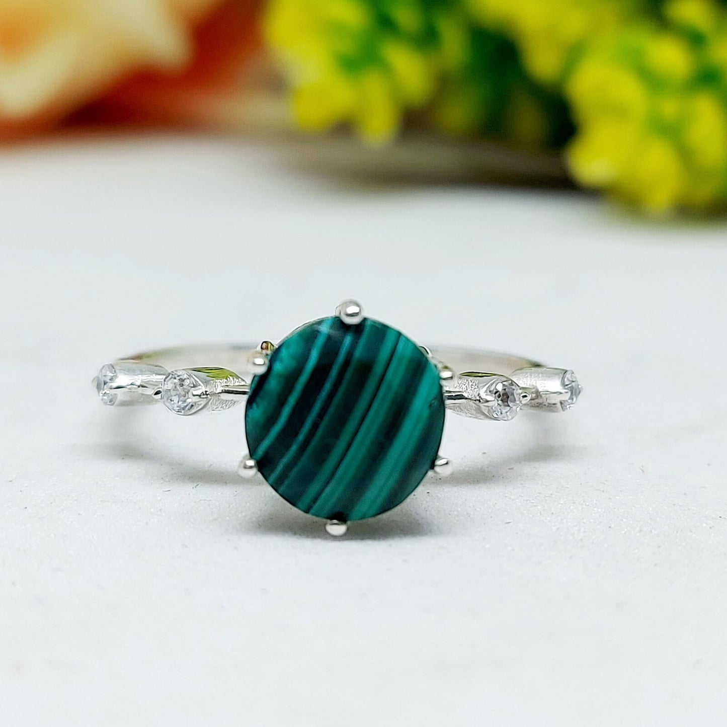 Natural Hexagon Malachite Ring 925 Sterling Silver Engagement Women's Jewelry