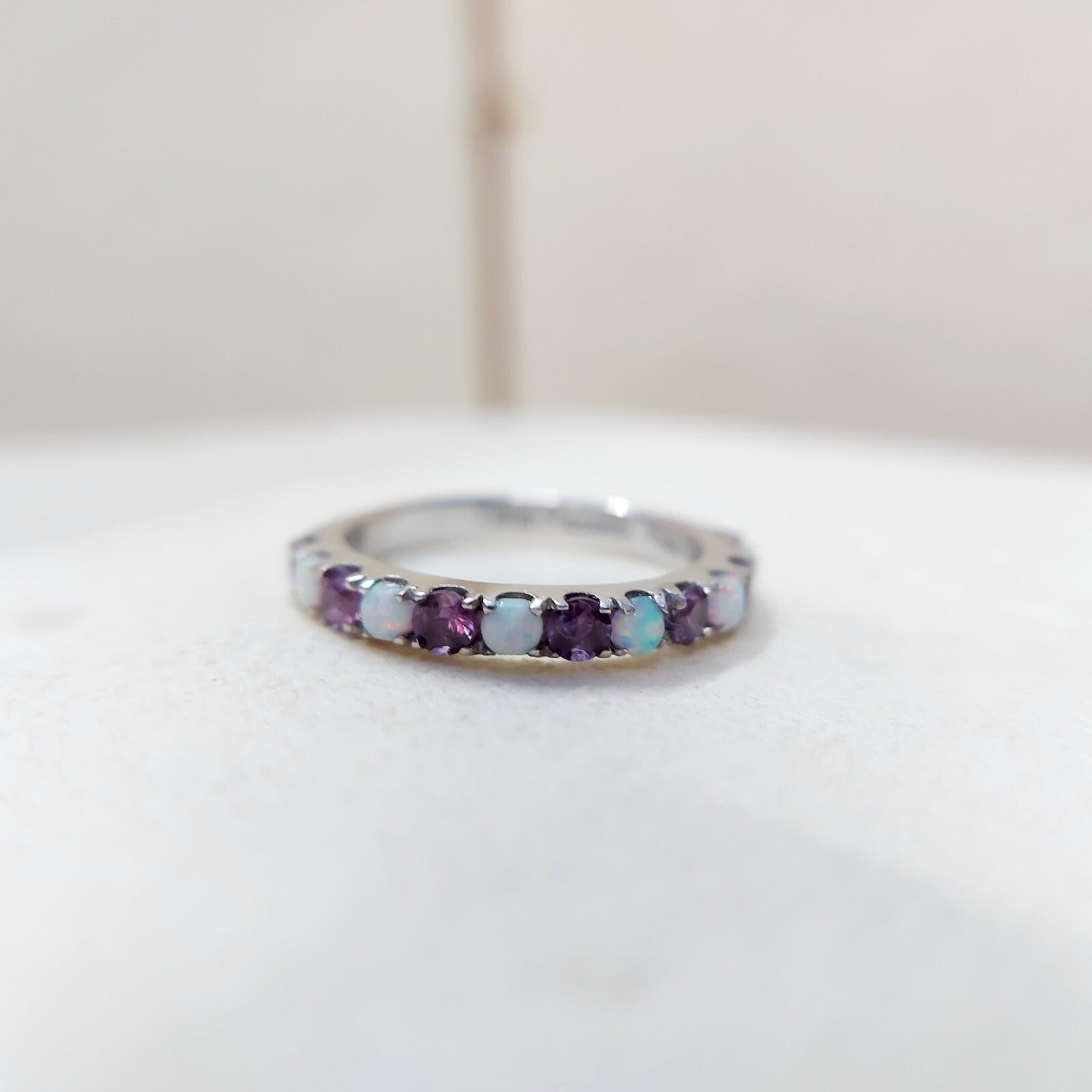 Fire Opal Amethyst Ring Genuine Silver Half Eternity Band Handmade Women US5~15