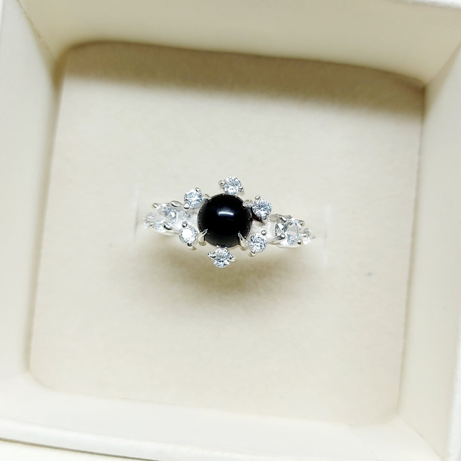 Natural Round Black Spinel Engagement Ring Cz Diamond 925 Sterling Silver Gift