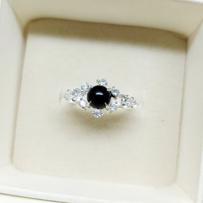 Natural Round Black Spinel Engagement Ring Cz Diamond 925 Sterling Silver Gift
