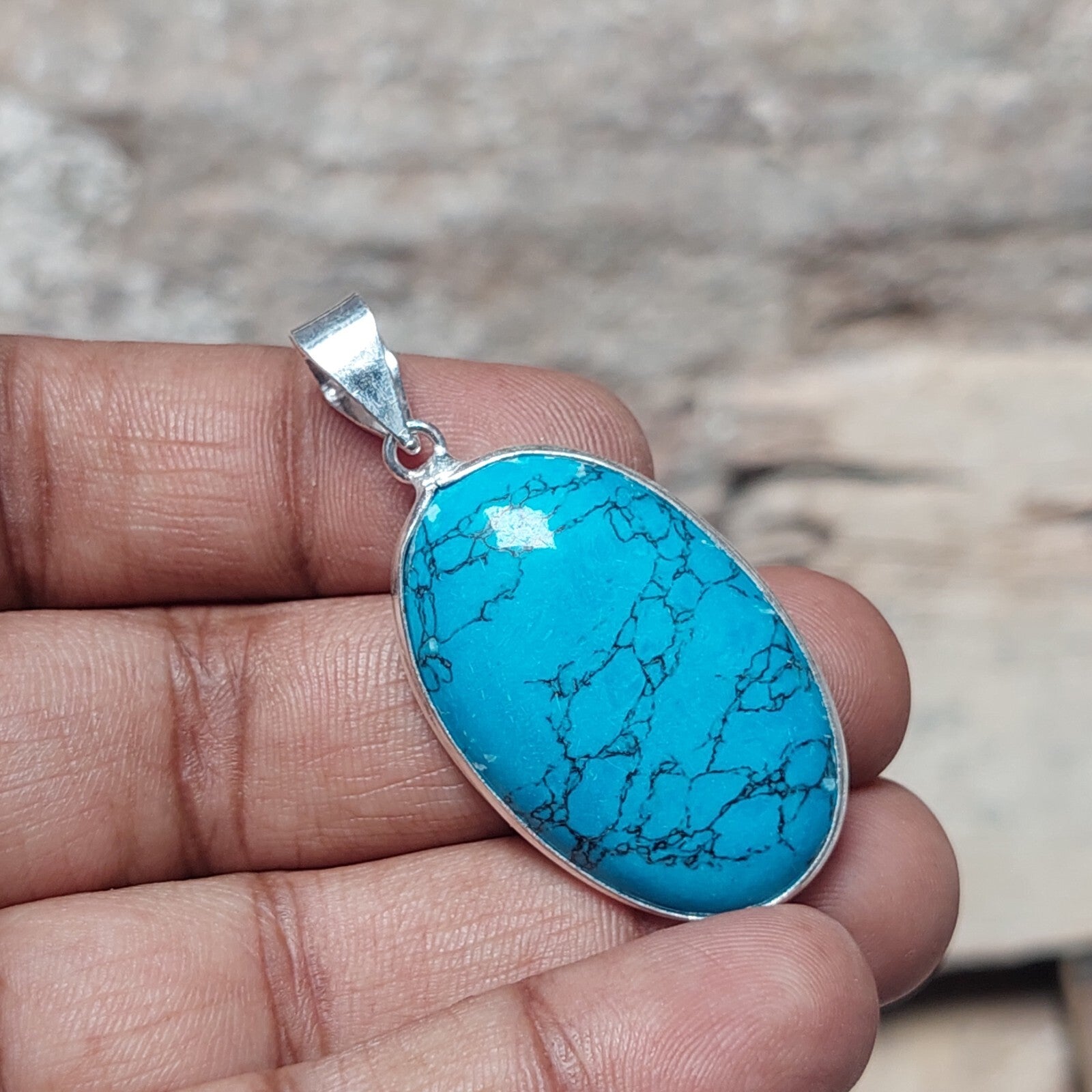 Unique Blue Turquoise Pendant 925 Sterling Silver Women Jewelry Necklace