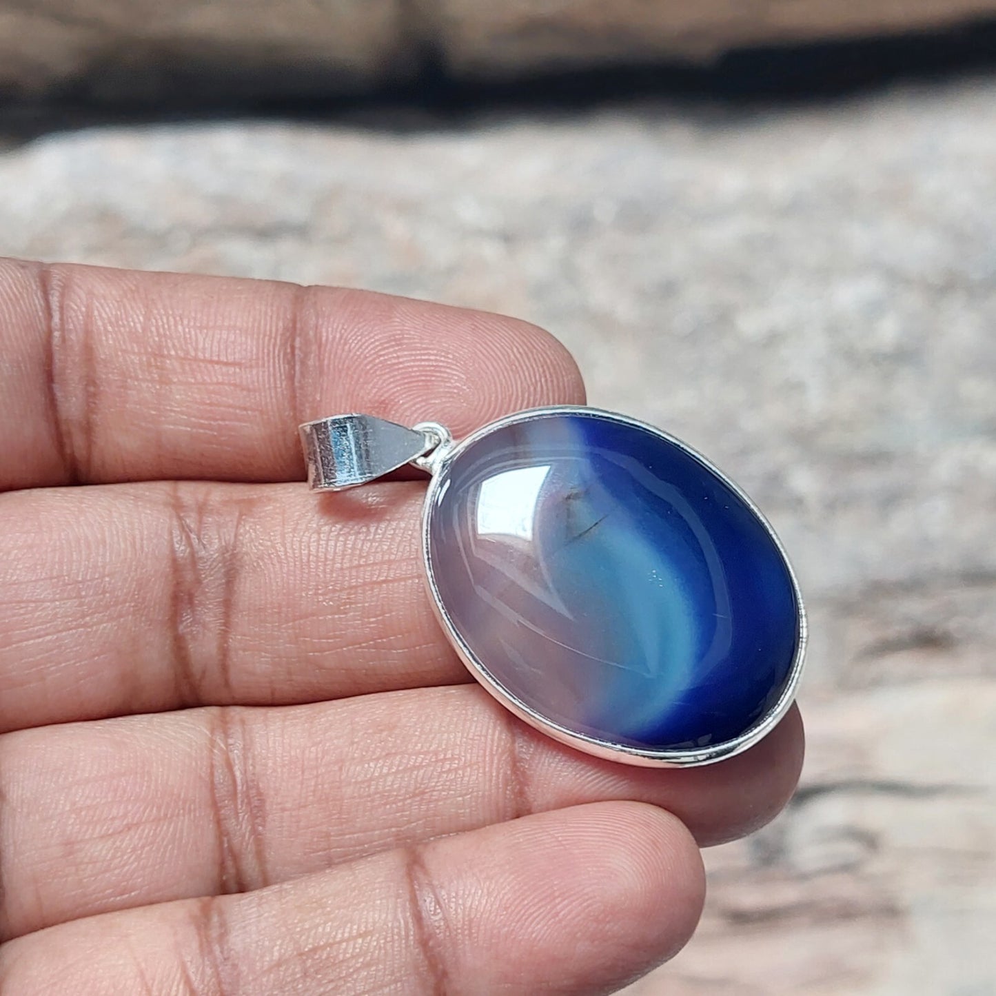 925 Sterling Silver Natural Blue Banded Agate Cabochon Pendant Christmas Gift