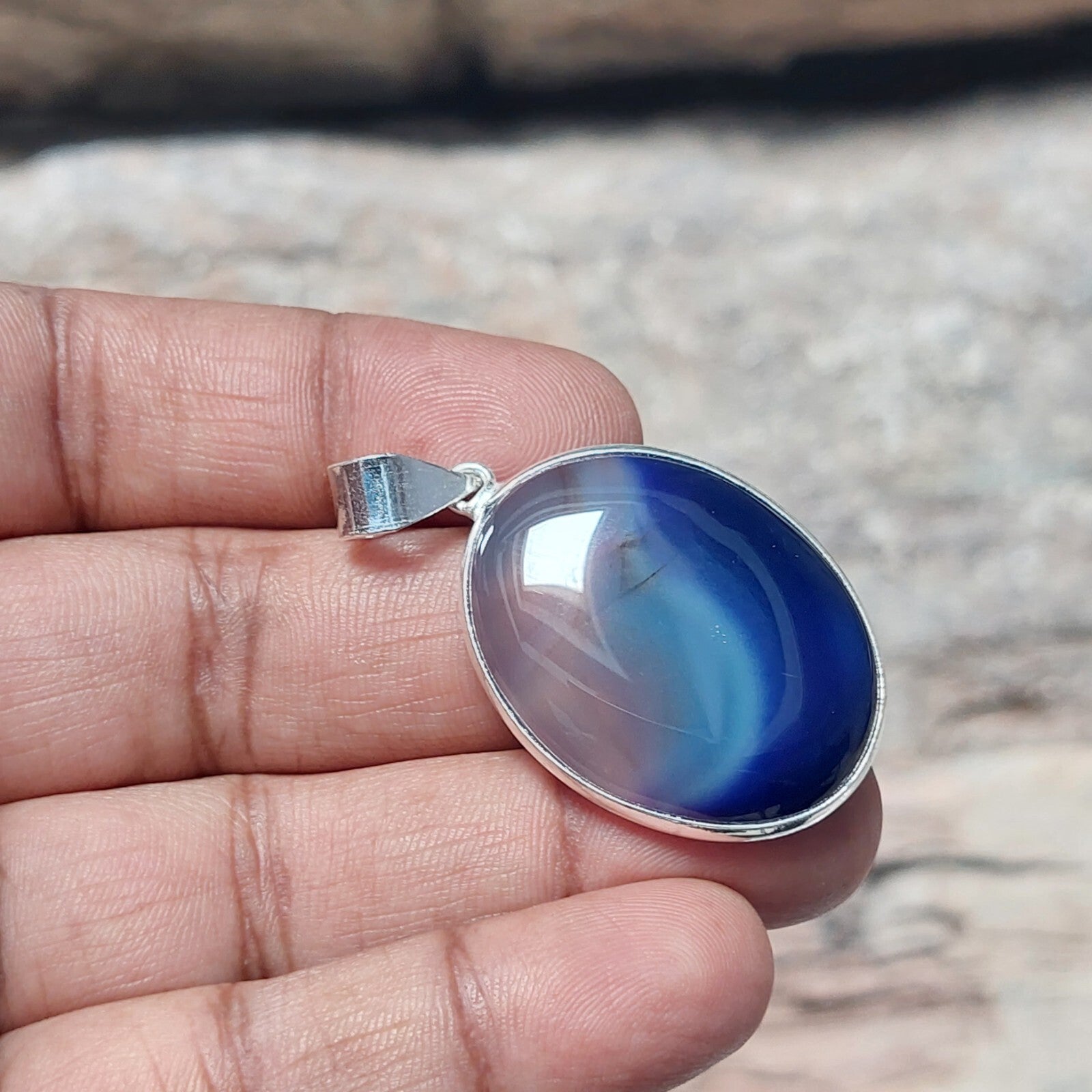 925 Sterling Silver Natural Blue Banded Agate Cabochon Pendant Christmas Gift