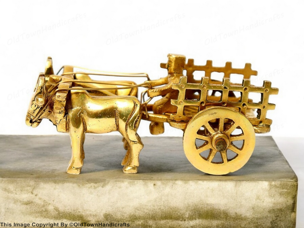 Brass Vintage Bullock Cart Showpiece Home Decor with Double Bull 6cm