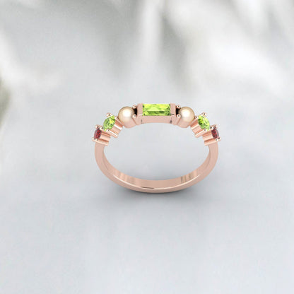 Natural Peridot, Pearl And Garnet Wedding Anniversary Ring 925 Sterling Silver