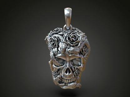 Silver Skull Roses Snake Serpents Pendant US7~15 Gothic Biker Jewelry Pendant