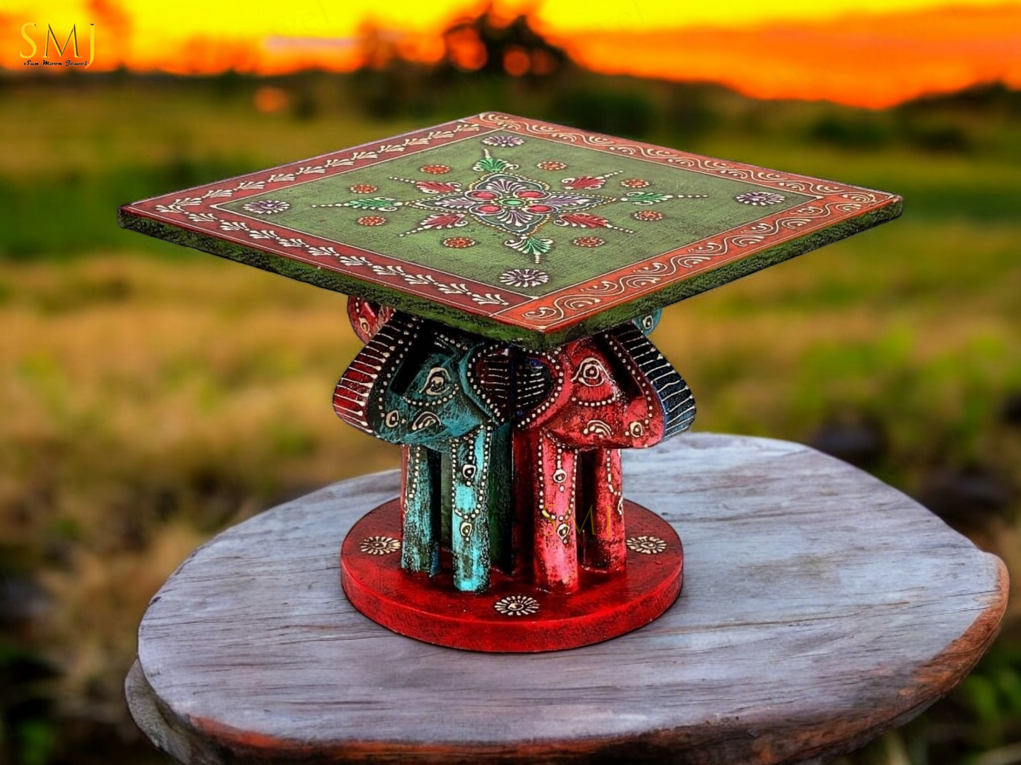 Elephant Top Table Square Teak Wood Elephant Table Hand Painted Elephant Gift