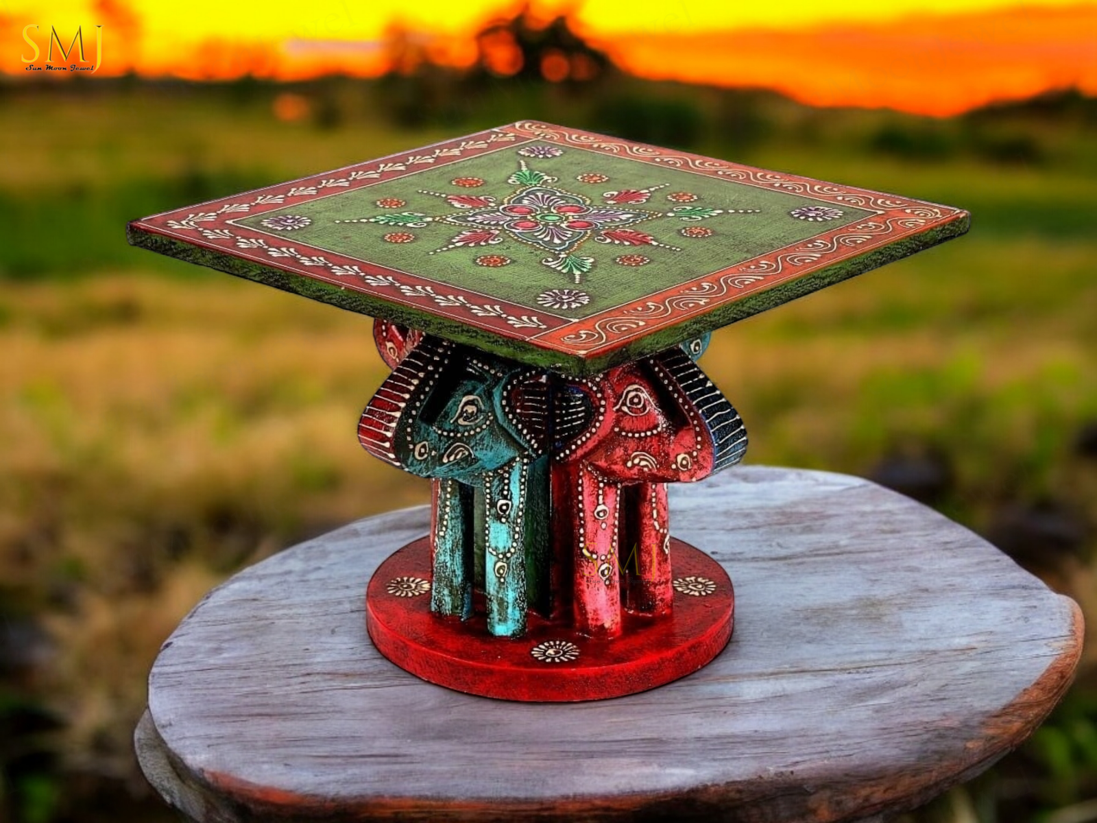Elephant Top Table Square Teak Wood Elephant Table Hand Painted Elephant Gift