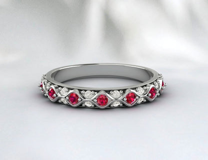 Ruby Cz Diamond Wedding Band Fine Silver Antique Unique Vintage Band Lab Created
