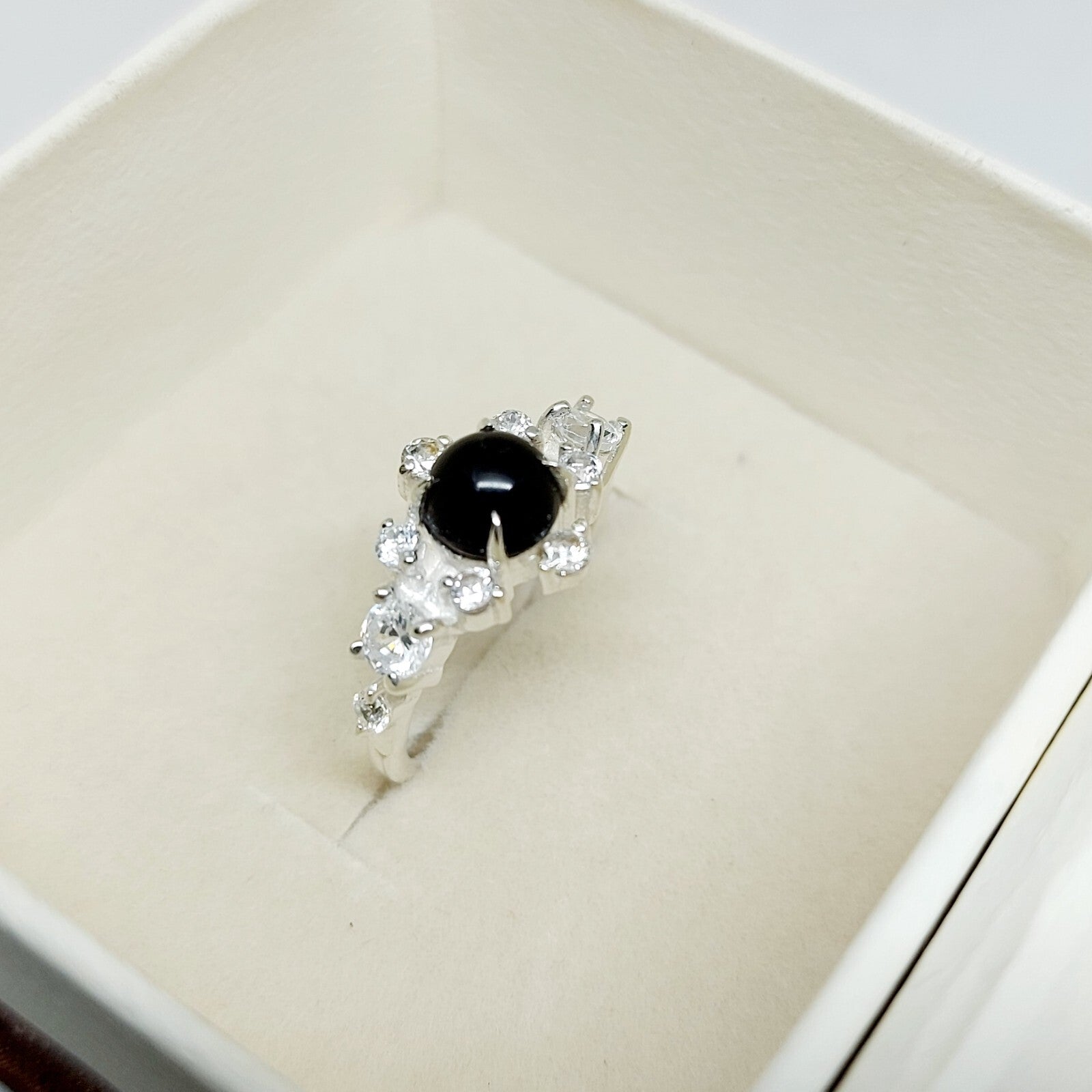 Natural Round Black Spinel Engagement Ring Cz Diamond 925 Sterling Silver Gift