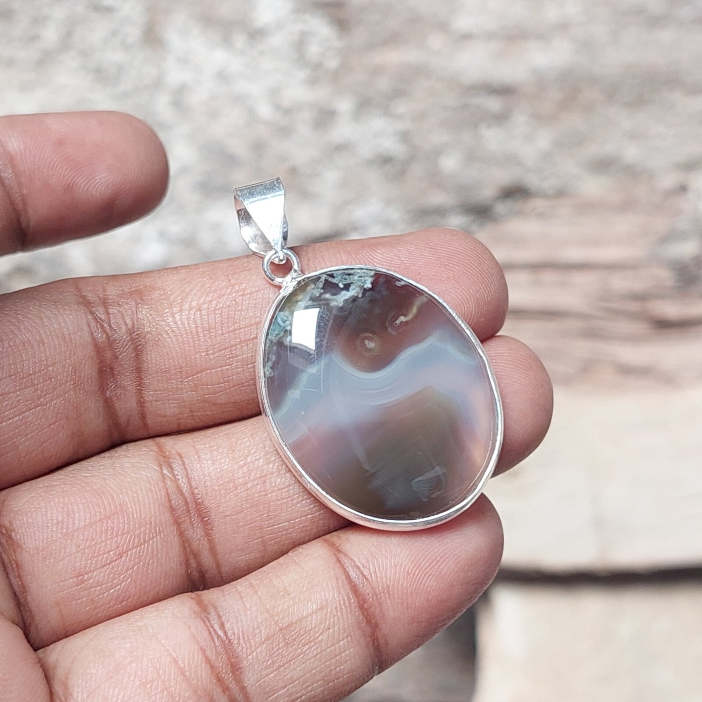 Oval Natural Brown Banded Agate Pendant 925 Sterling Silver Pendant Gift For Her