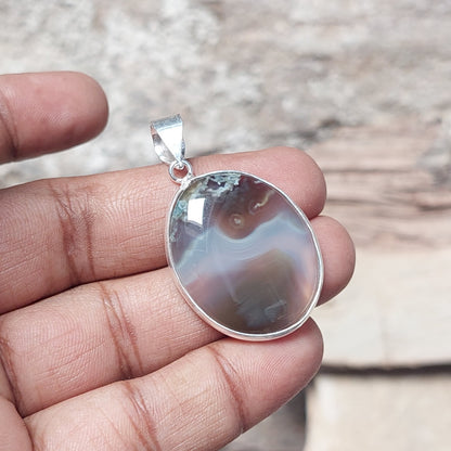 Oval Natural Brown Banded Agate Pendant 925 Sterling Silver Pendant Gift For Her