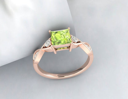 Natural Princess Cut Green Peridot Gemstone Ring Silver Engagement Ring US5~15