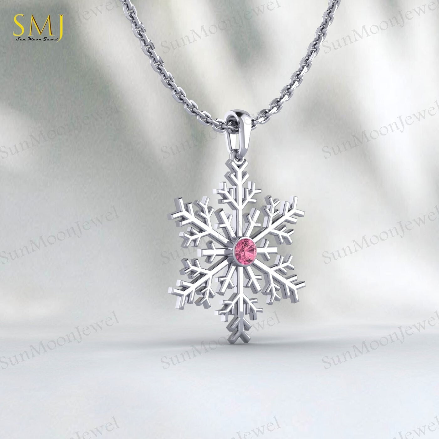 Pink Tourmaline Snowflake Necklace 925 Sterling Silver For Women Frozen Winter