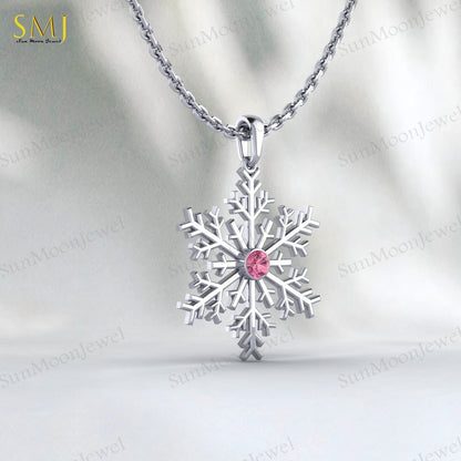 Pink Tourmaline Snowflake Necklace 925 Sterling Silver For Women Frozen Winter