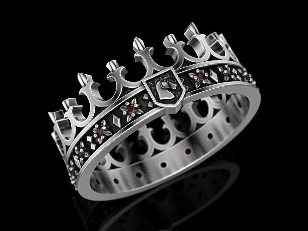 Mens Red Garnet King Crown Ring 925 Silver Gothic Punk Royal Ring Women US5-15