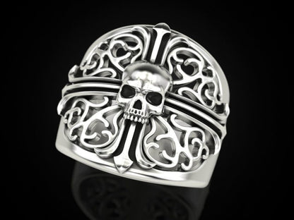 Punk Gothic Skull Cross Biker Ring 925 Silver Pirate Rider Jewelry Gift US5~15