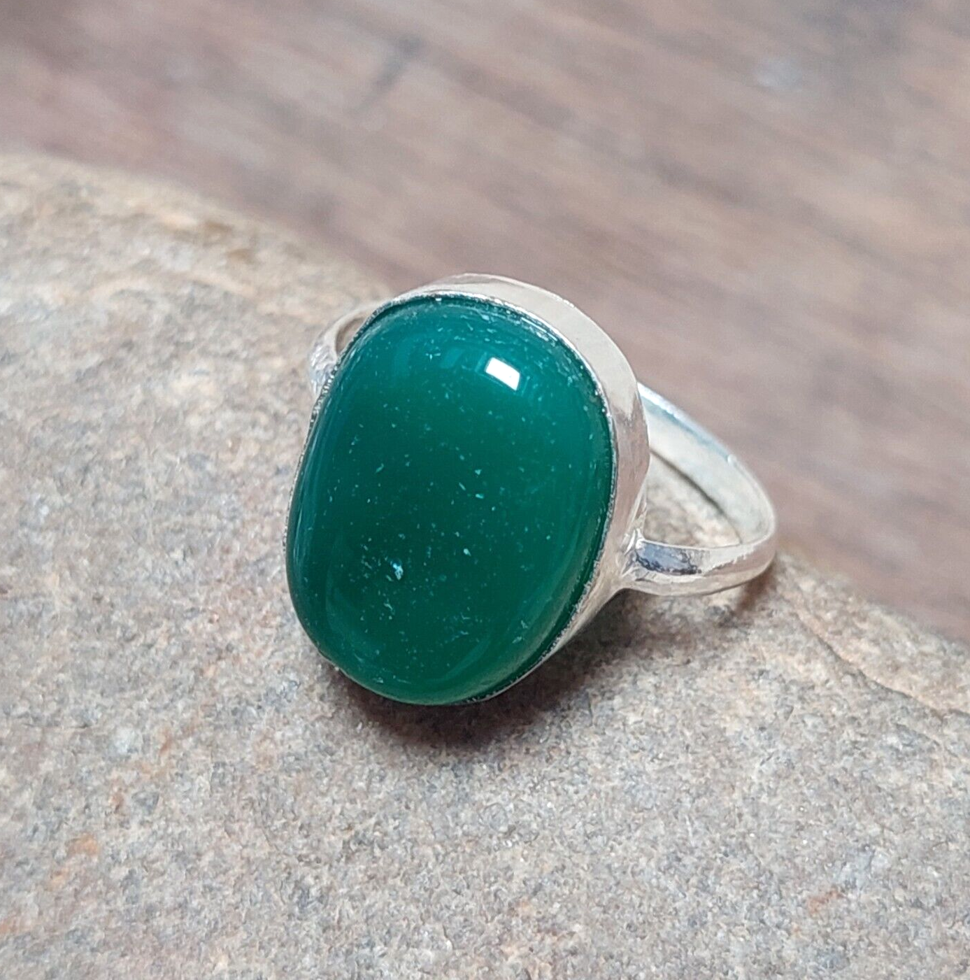 925 Sterling Silver Ring Oval Natural Green Onyx Band Ring Statement Ring