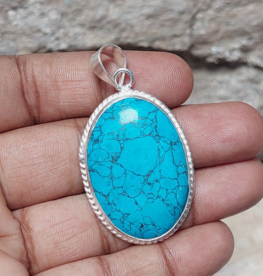 Blue Turquoise Gemstone 925 Sterling Silver Handmade Pendant,Ethni Boho Pendant