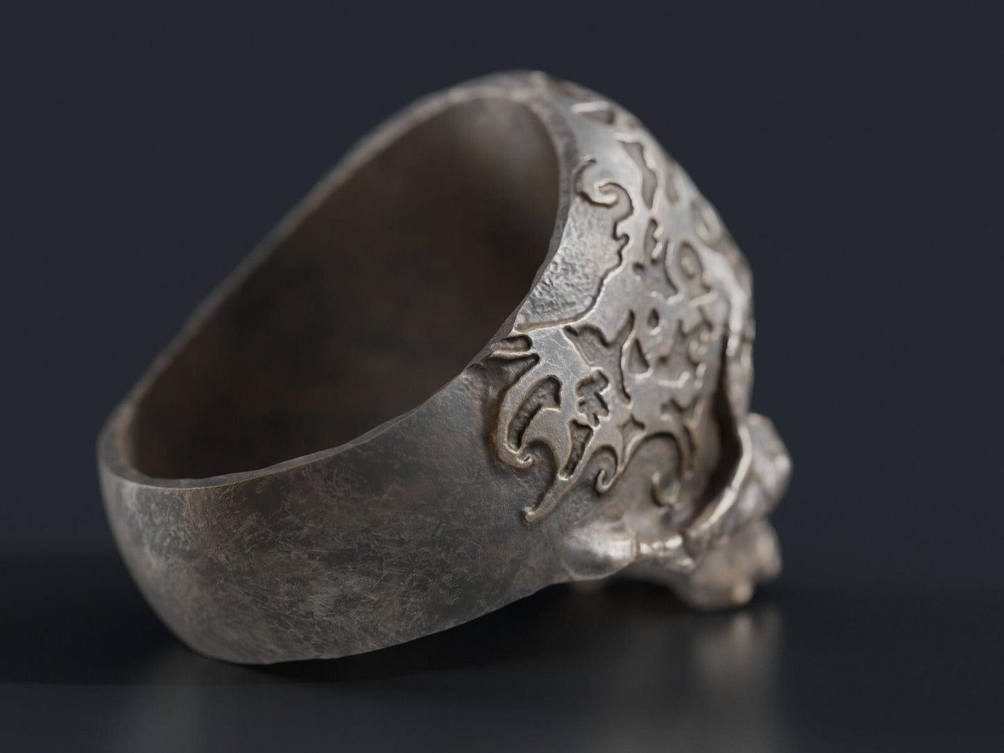 Retro Gothic Flower Carved Skull Ring Silver Skeleton Punk Signet Ring US5-15