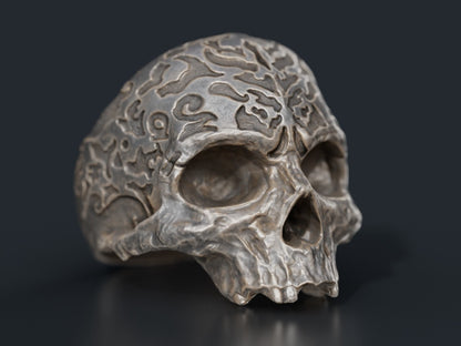 Retro Gothic Flower Carved Skull Ring Silver Skeleton Punk Signet Ring US5-15